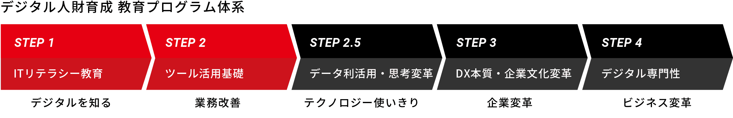 「デジタル人材育成 教育プログラム体系」　STEP1 ITリテラシー デジタルを知る　STEP2 ツール活用基礎 業務改善　STEP2.5 データ利活用・思考変革 テクノロジー使いきり　STEP3 DX本質・企業文化変革 企業変革　STEP4 デジタル専門性 ビジネス変革