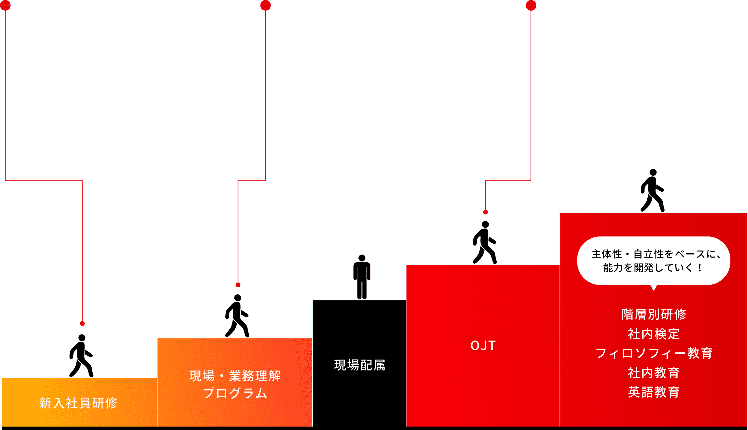 新入社員　現場・業務理解プログラム　現場配属　OJT　「主体性・自立性をベースに、能力を開発していく！」階層別研修 社内検定 フィロソフィー教育 社内教育 英語教育